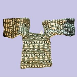 Green and Cream Off-the-Shoulder Crochet Top